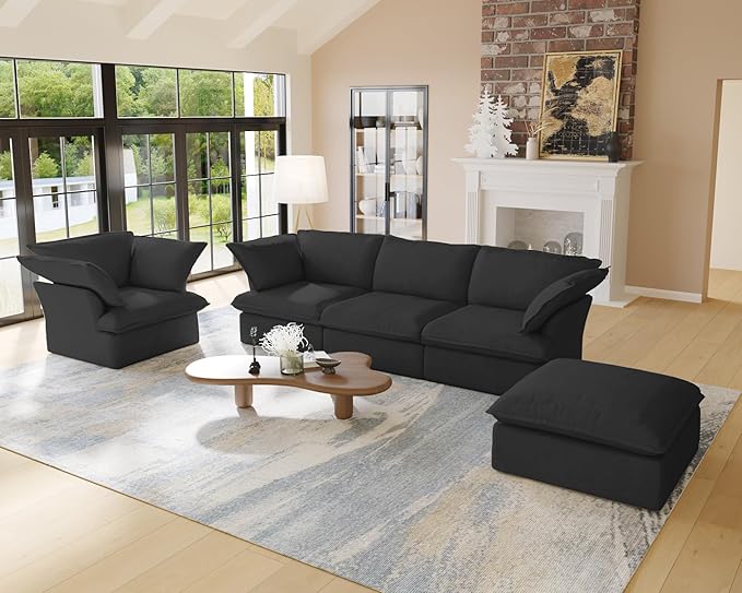 JACH Ottoman Module for Living Room, Storage Ottoman, Cushion Covers Removable, Minimalist Comfy Breathable Footstool Paired with Sofa Couch for Living Room Apartment, Black