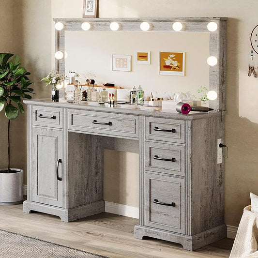 55'' Farmhouse Vanity Desk with Mirror and Lights, Large Makeup Table with Charging Station, Glass Tabletop & 5 Drawers, Rustic Dressing Table for Bedroom, Light Grey