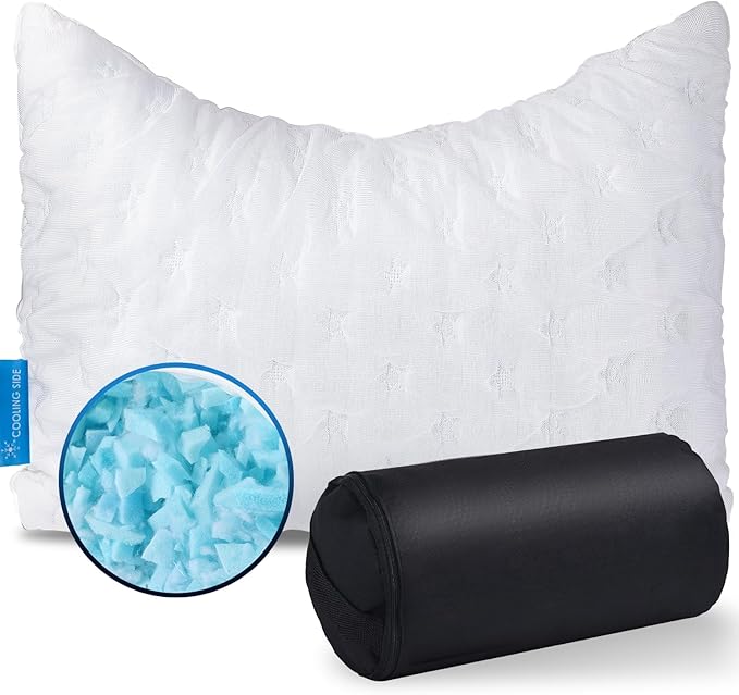 Cooling Side Sleeper Pillow for Neck and Shoulder Pain, Luxury Shredded Memory Foam Curved Bed Pillows for Sleeping Set of 1- Adjustable Travel Pillow Size- Washable Cover Crescent White