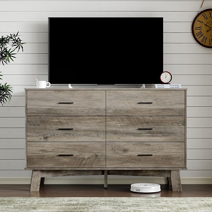 Dresser for Bedroom with 6-Drawer, 47.2" Modern Chest of Drawers with Metal Handles, X-Shape Base & Adjustable Center Leg, Anti-Tip Closet Organizers and Storage
