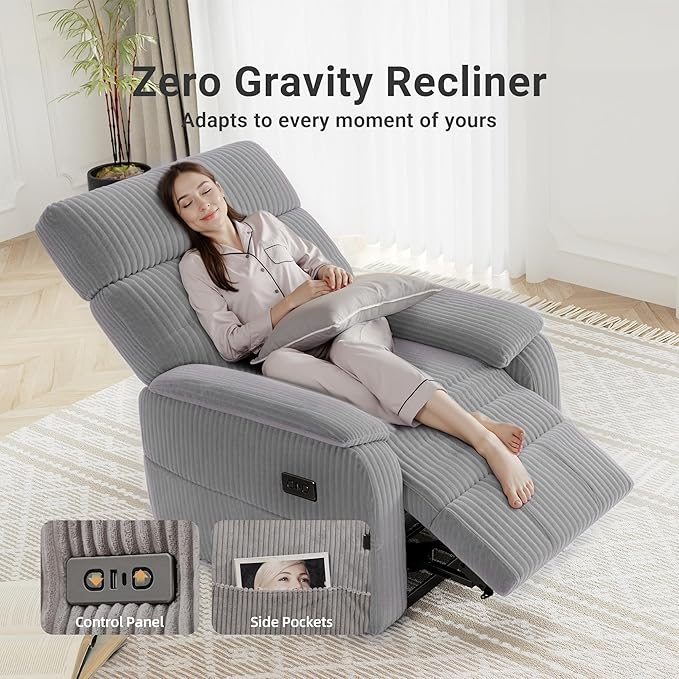 Claiks Zero Gravity Recliner Chair, Oversized Reclining Chair for Adults, Adjustable Electric Reclining Sofa Lounge with USB&Type-C Ports, Side Pocket, for Living Room, Corduroy, Grey