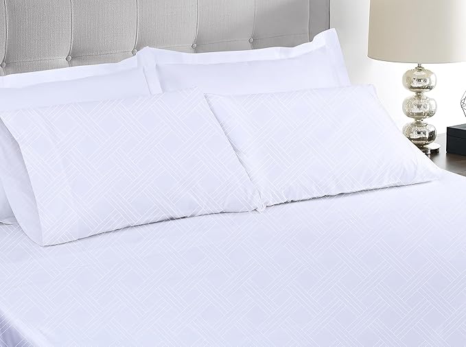 Threadmill California King Sheets - 800 Thread Count Jacquard Celine Hotel White, 100% Pure Cotton 4 Piece Striped Bed Set, ELS Cotton, Luxury Damask Sheets with Elasticized Deep Pocket