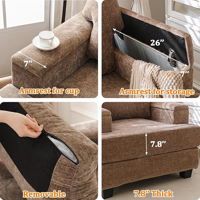 Oversized Accent Chair with Armrest Storage,38”W Big Armchair with 7.8'' Thick Cushion,Deep Seat,Large Comfy Reading Chair, Living Room Chairs,Sofa Chair for Bedroom,Chenille,Brown