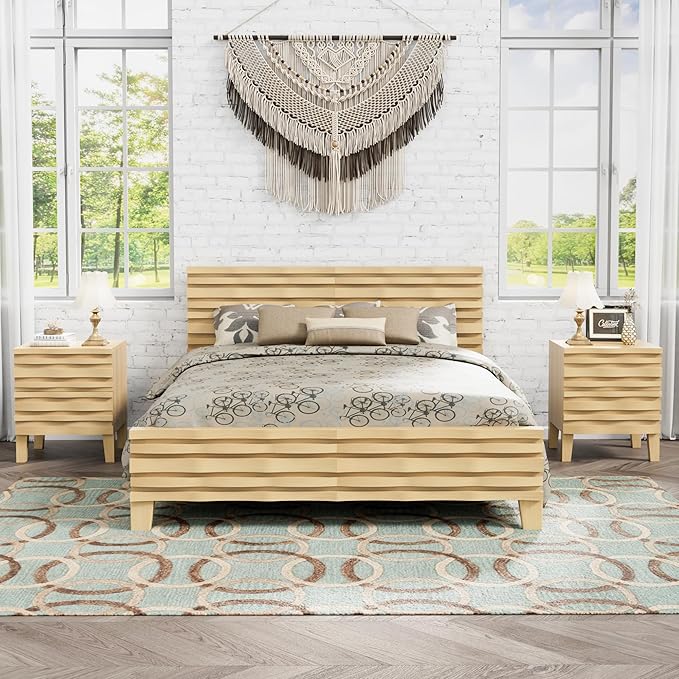 UEV Solid Wood Nightstand, 19.7" W Boho Style Nightstand with 2 Drawers, Fluted Wood Night Stand, Mid Century Modern Bed Side Table for Bedroom,Living Room, Ivory White