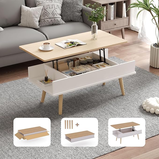 Lift Top Coffee Table, One Minute No Assembly Required Rising Tabletop Center Table with Large Hidden Storage Compartment, Open Shelf, Anti-Pinch Design Mute for Living Room (Oak)