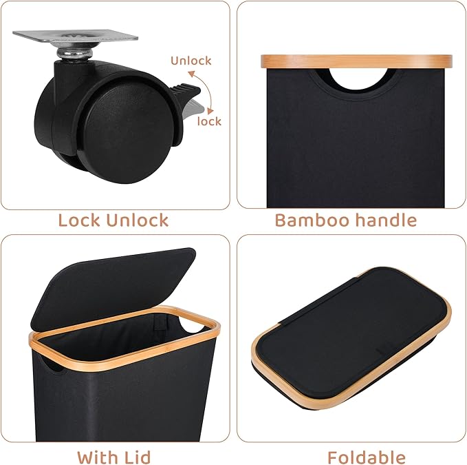 Slim Laundry Hamper with Wheels,Narrow Hampers for Laundry,Freestanding Laundry Basket with Lid&Bamboo Handles,Collapsible & Waterproof Tall Cloth Hamper for Dorm Family(60L,Black)