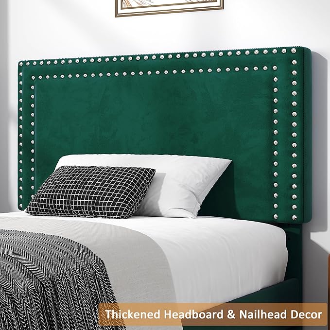 VECELO Twin Size Platform Bed Frame with Adjustable Upholstered Headboard, Strong Wood Slat Support, No Box Spring Needed, Easy Assembly