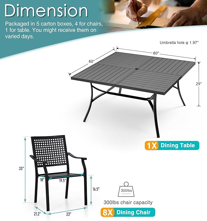 PHI VILLA 9 Pieces Patio Dining Table Set for 8, 60” Square Metal Wrought Iron Dining Table & Stackable Dining Chairs, Large Dining Furniture Set for Outdoor Deck, Yard, Porch