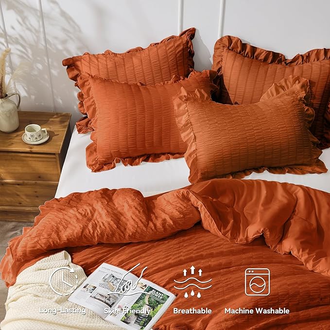 JOLLYVOGUE King Comforter Set, 3 Pieces Seersucker Comforters King Size, Lightweight & Fluffy Bedding Sets King for All Season with 1 Ruffle Comforter and 2 Ruffle Pillowshams, Burnt Orange