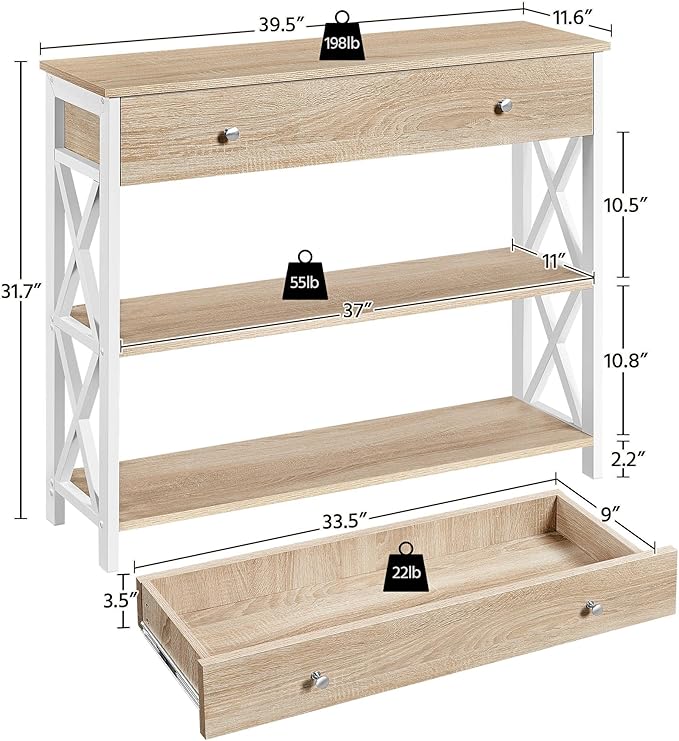 Yaheetech Console Table with Drawer, Narrow Sofa Table with Storage Shelves for Living Room, 3-Tier Entryway Tables with Metal Frame, Light Oak