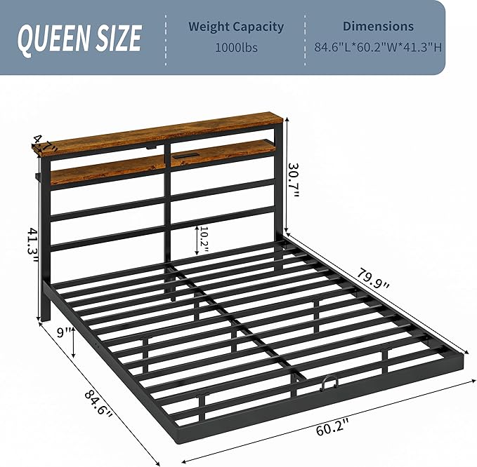Floating Bed Frame Queen with LED Lights &USB Charging Station – Modern Platform Bed with 2 Tier Storage Headboard, Metal Slat Support, No Box Spring,Easy Assembly, Noise-Free, Black