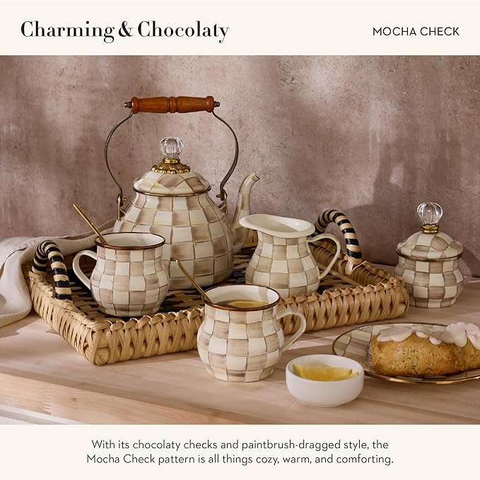 MACKENZIE-CHILDS Enamel Pinch Bowl, Small Bowl for Kitchen Ingredients, 1.5-Cup Capacity, Brown-and-White Mocha Check