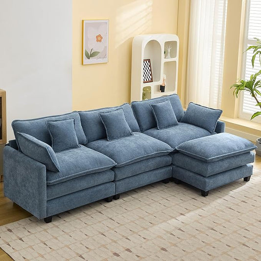 111'' Sectional Cloud Deep Seat Couch, Modern Comfy Chenille L Shaped Sectional Sofa for Living Room Set, Upholstered Modular 4-Seats Sofa Couch with Movable Ottoman, Blue