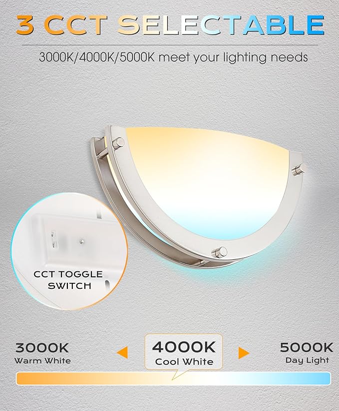 CLOUDY BAY 12-inch CRI90+15W 3000K/4000K/5000K Color Temperature Adjustable Dimmable LED Wall Sconce, ETL Listed LED Half Moon Wall Fixture, Brushed Nickel