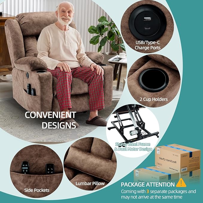 MEETWARM Oversized Dual Motor Lay Flat Power Lift Recliner Chair for Big Man with Heat Massage, Large Sleeping Electric Recliner with Extended Footrest, Lumbar Pillow, USB & Type-C Ports, Plush-Brown