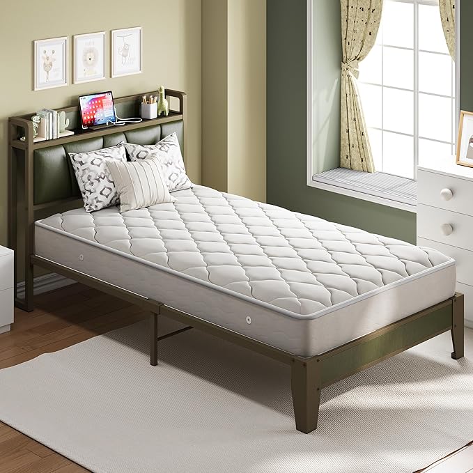 LIKIMIO Twin Bed Frame, Storage Headboard with Charging Station, Solid and Stable, Noise Free, No Box Spring Needed, Easy Assembly (Dark Green)