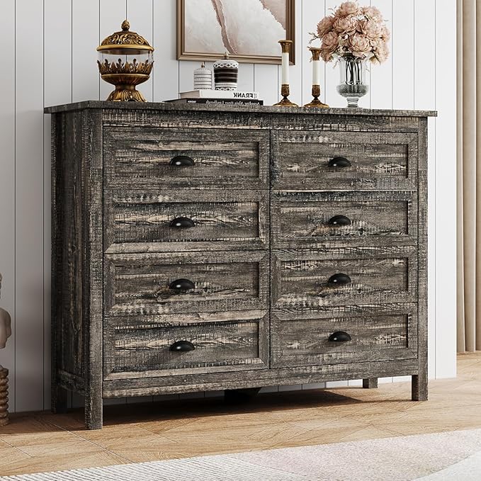 Rustic 8 Drawer Dresser for Bedroom, Modern Farmhouse Wood Dresser with Vintage Black Antique Handle, Double Chest of Drawers for Hallway, Antique Black