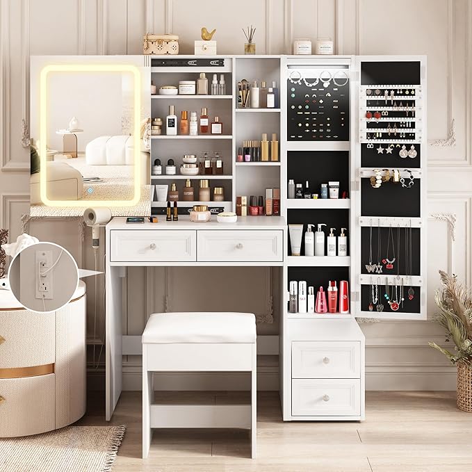 Makeup Vanity Desk with LED Lighted Sliding Mirror, Vanity Table with Jewelry Cabinet and 4 Drawers, Charging Station & Lots Storage Shelves, Adjustable Brightness, Dressing Table Cushioned Stool Set