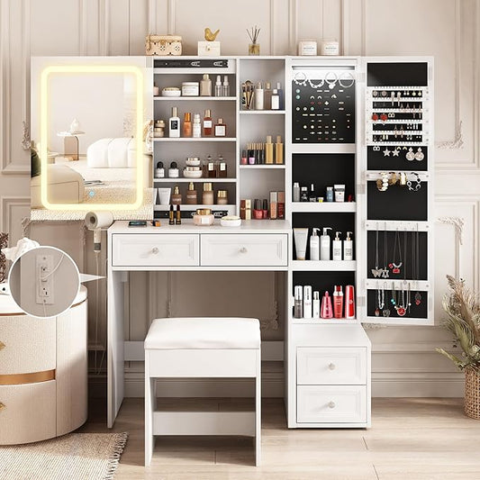 Makeup Vanity Desk with LED Lighted Sliding Mirror, Vanity Table with Jewelry Cabinet and 4 Drawers, Charging Station & Lots Storage Shelves, Adjustable Brightness, Dressing Table Cushioned Stool Set