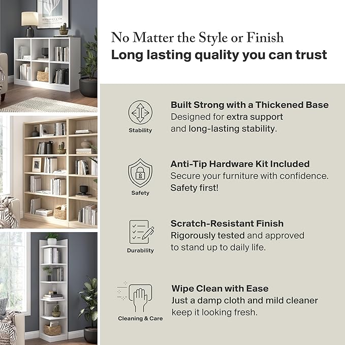 Bush Furniture Universal Tall 5 Shelf Bookcase in White, Vertical Storage and Display Bookshelf for Home Office or Living Room Organization