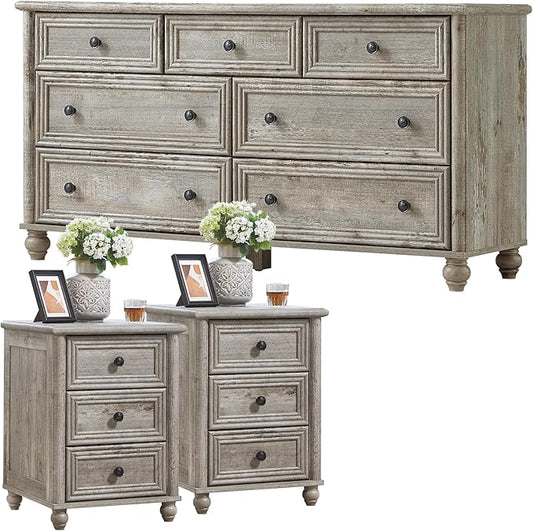 Farmhouse Dressers & Night Stand Set of 3, Wood 54'' Wide Dresser & 18'' Chest of Drawers, Roman Column Nightstand Set of 2, Furniture 7 Drawer Dresser Suites for Bedroom, Living Room, Hallway, Home