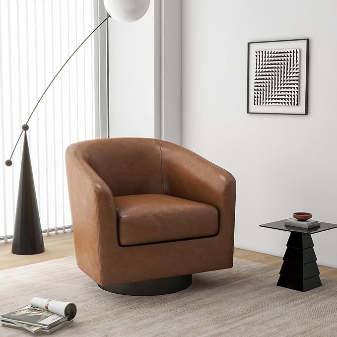 Swivel Barrel Accent Chair, Modern Round Faux Leather Arm Chair for Living Room, Bedroom, Comfy Club Reading Chairs for Adults(Faux Leather, Brown, Set of 4)