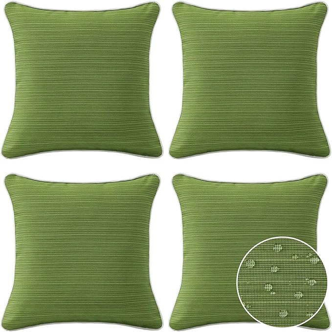 Decorative Outdoor Water Repellent Throw Pillows with Inserts, Set of 4, 18" x18" Pillows for Patio, Backyard, Bed, Couch, and Patio Furniture, Lawn Green