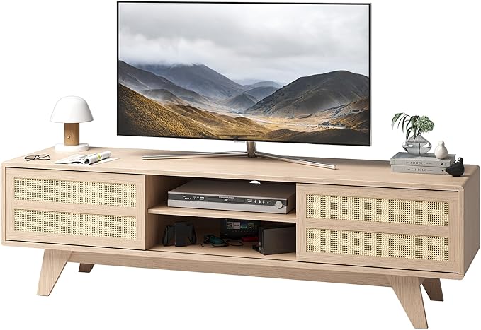 Claiks Boho TV Stand for 70 Inch TV, Modern TV Console with 2 Rattan Storage Cabinets & Adjustable Shelf, Woven TV Stand for Living Room, Oak Color