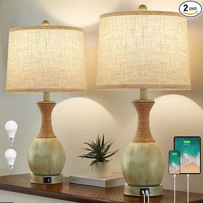 Bedside Table Lamp Set of 2 - Bedroom Table Lamps with 3 Color Temperatures - Boho Rattan Lamps with USB A+C Charging Ports Grey Farmhouse Living Room Lamps for Reading Bulbs Included