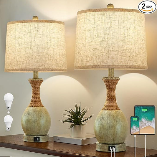 Bedside Table Lamp Set of 2 - Bedroom Table Lamps with 3 Color Temperatures - Boho Rattan Lamps with USB A+C Charging Ports Grey Farmhouse Living Room Lamps for Reading Bulbs Included