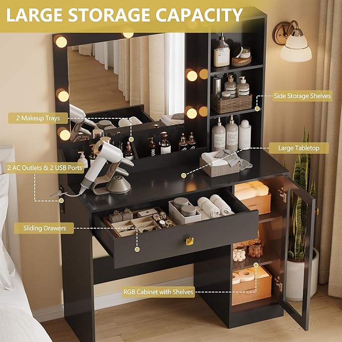 Vanity Desk with Mirror and Lights, Small Makeup Vanity Table with RGB Storage Cabinet & Power Strips & Shelves, 3 Lighting Modes & Adjustable Brightness, Dressing Table for Women Girls Bedroom, Black