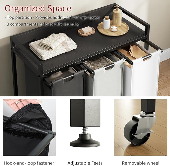 Laundry Hampers with Shelf, Laundry Basket 3 Section, Laundry Sorter with Pull-Out Removable Large 3 Color Bags and Movable Wheels, Metal Frame, 3 x 15.87 Gallons (60L), Black PF04XLK