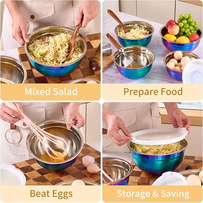 6-Piece Rainbow Stainless Steel Baking & Mixing Bowls Set, Cereal, Dessert, Rice, Fruit & Dipping Bowls, Deep Soup Bowl, Airtight Lid