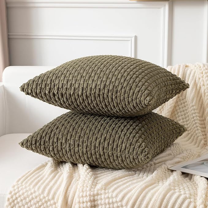 Kevin Textile Pack of 2 Corduroy Decorative Throw Pillow Covers 20x20 Inch Soft Boho Striped Pillow Covers Modern Farmhouse Home Decor for Sofa Living Room Couch Bed Olive Green
