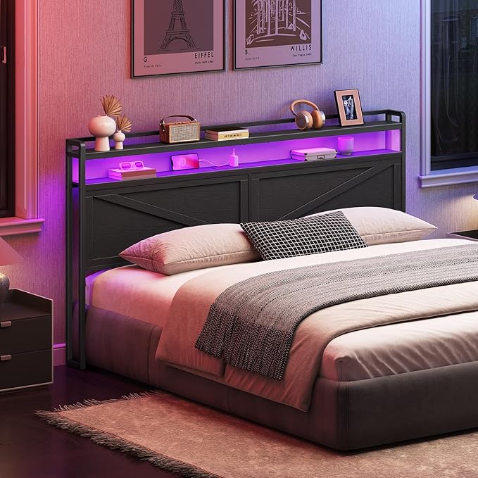 HOOBRO King Size Headboard, Headboard with Charging Station and LED Light Strip, 2-Tier Storage Head Board with Outlets and USB Ports, Industrial Style, for King Size Beds, Black