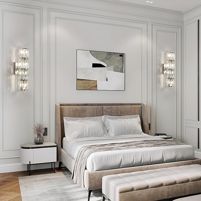 Crystal Wall Sconces Set of Two, Modern Sconces Wall Decor Set of 2 Chrome Bedroom Indoor Wall Sconce Bedside Wall Mounted Lamp for Hallway Bathroom Vanity Light Fixtures