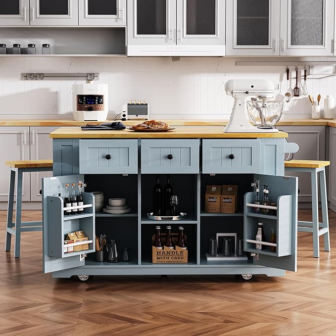 Large Kitchen Island Cart on 5 Wheels with 2 Bar Stools, Power Outlet, Drop Leaf, 3 Drawers, Kitchen Storage Cart with 5 Open Side Racks for Kitchen, Dining Room, Home Bar Grey Blue