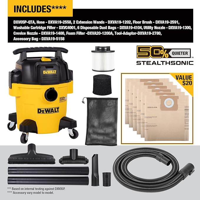 DEWALT Stealthsonic Shop Vacuum Wet and Dry, 5 Gal 4 HP Ultra-Quiet Vacuum Cleaner with Complete Accessory Kit and 6 Bonus Dust Bages - Ideal for Home, Jobsite, Workshop, Garage, Car DXV05P-QTA