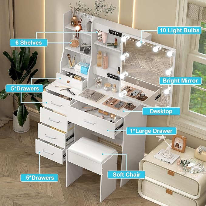 Makeup Vanity Desk with Mirror and Lights,White Vanity with 6 Drawers 6 Storage Shelves 1 Chair,3 Lighting Colors Adjustable,31.5" L*14.2" W*51.2" H