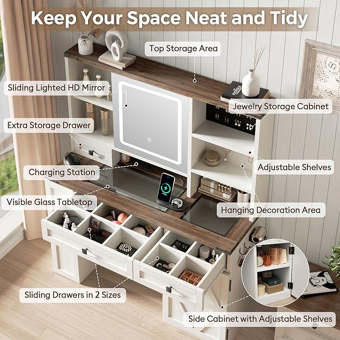 Farmhouse Makeup Vanity Desk with Sliding Mirror and Lights, Glass Desktop Makeup Vanity Desk with Charging Station, 3-Tier Hidden Slide-Out Vanity Shelves, Jewelry Storage Cabinet, 2 Drawers-White