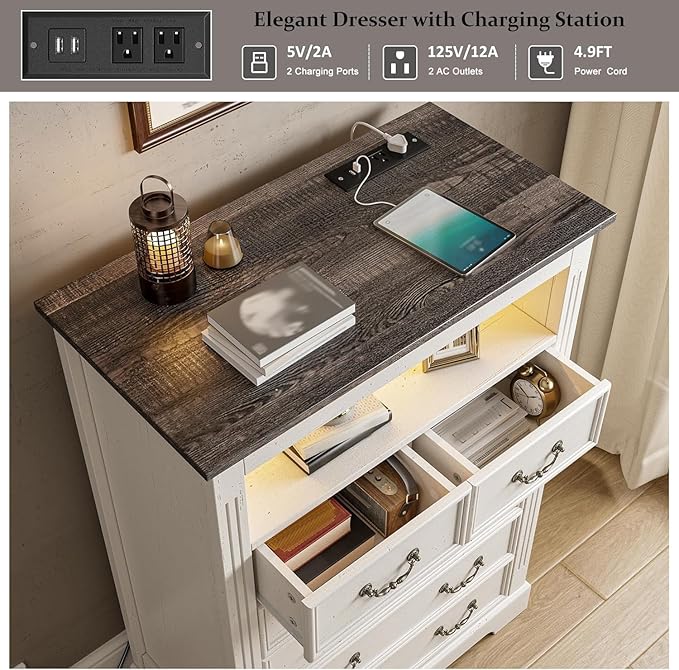EnHomee Farmhouse 6 Drawer Dresser for Bedroom LED Light & Power Outlets, 48" H Wood Dressers & Chests of Drawers with Natural Texture, Hallway, Antique White