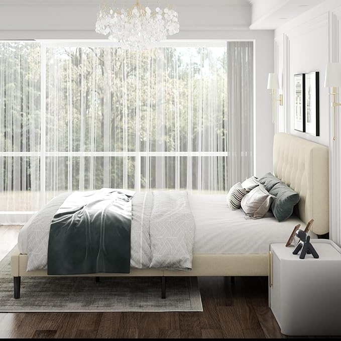 King Size Bed Frame with Upholstered Headboard, Button Tufted Design, Strong Wooden Slats, No Box Spring Needed, Easy Assembly, Noise Free