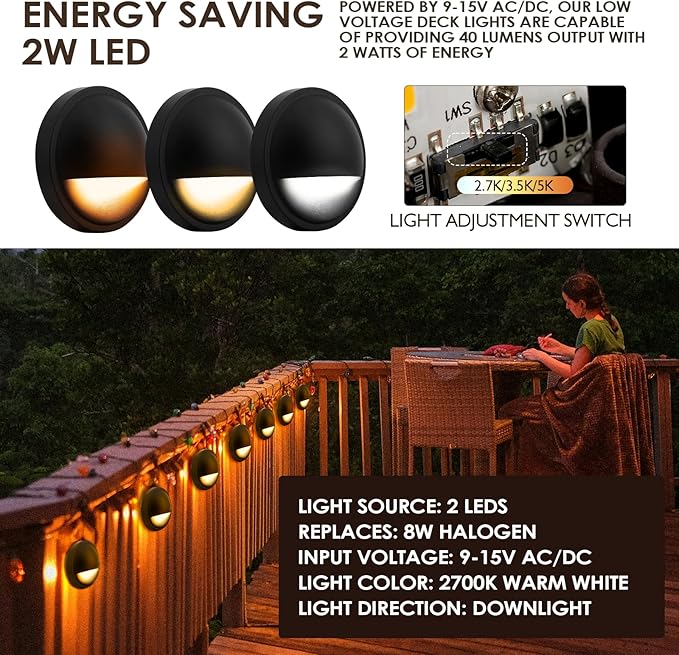 LED Low Voltage Deck Lights Outdoor Waterproof,6-Pack 3CCT Deck Lighting Fixtures Landscape Step,3W,12V-24V AC/DC Die-cast Aluminum Housing Fence Lamp Wired 2700K/3500K/5000K (Black)