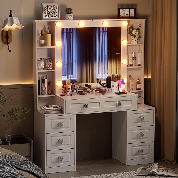 Farmhouse Makeup Vanity with Lighted Mirror & Charging Station, Vanity Desk Dresser Table with 3 Lighting Modes Brightness Adjustable,Drawers,Hair Dryer Stand for Bedroom,White(No Stool)