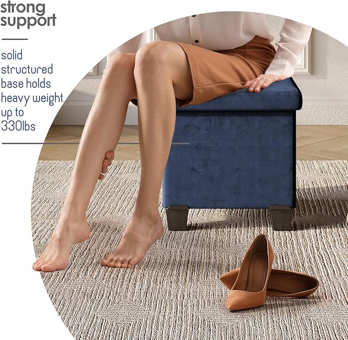 STORAGEBUD Storage Ottoman Cube with Small Bin, 15-in Square Ottoman with Storage for Living Room and Bedroom, Small Ottomans Foot Rest, Velvet Foot Stools Ottomans Max 330lbs, Blue