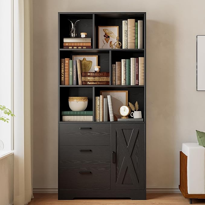 IRONCK Bookshelf with Drawers, 70.9 inch Tall Bookcase with Doors, Bookshelves and Bookcases with Storage, Bookshelf with 6 Open Cubes for Home Office, Living Room, Study, Black