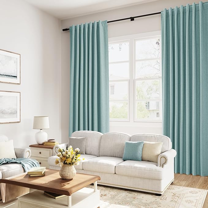 Guken 100% Blackout Linen Curtains 100 Inch Length 2 Panels Set for Living Room Bedroom Back Tab Thermal Insulated Black Out Linen Drapes Room Darkening Window Curtains,Light Blue