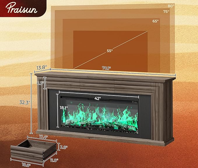PRAISUN 70'' Fireplace TV Stand with 42'' Electric Fireplace, Farmhouse TV Stand for 65 75 Inch TV, Entertainment Center TV Console with 3 Drawers, Fluted Design, for Living Room, Gray Oak
