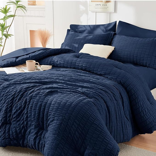 HYMOKEGE Navy Blue California King Comforter Set Seersucker 7 Pieces, All Season Luxury Bed in a Bag for Bedroom, Bedding Set with Comforters, Sheets, Pillowcases & Shams
