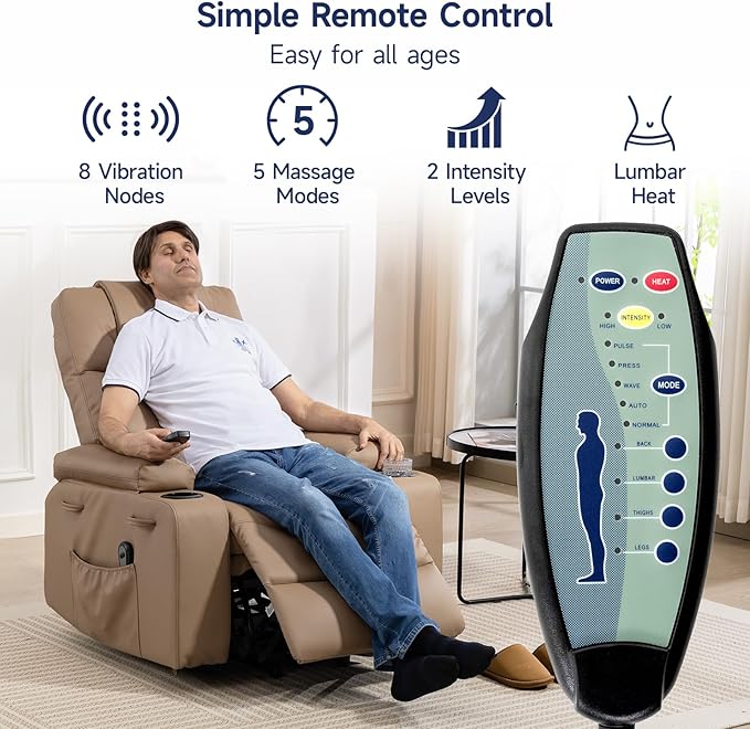 Power Lift Recliner Chair for Elderly with Massage & Heat, 160° Adjustable PU Leather Electric Recliner with Remote, Cup Holders, Side Pockets, and Stand Assist for Living Room, Bedroom (Brown)